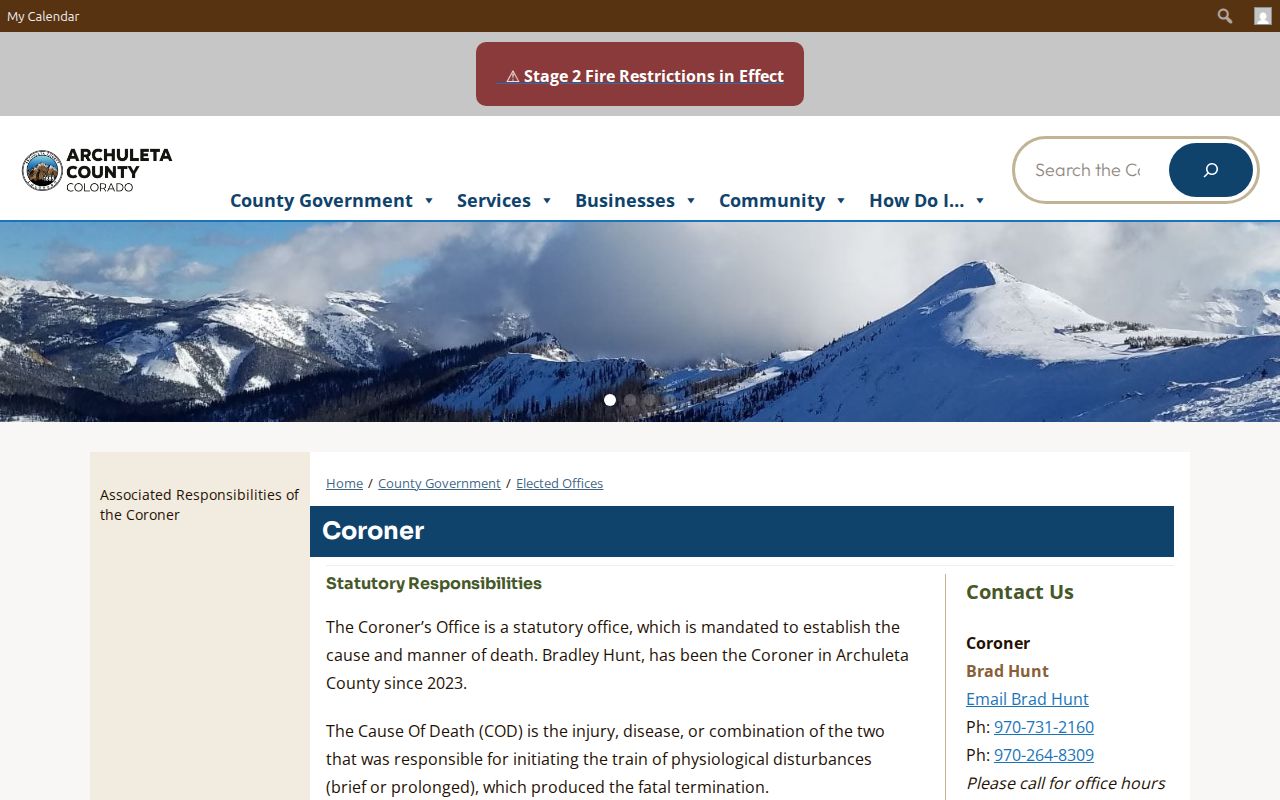 Archuleta County criminal history government coroner page